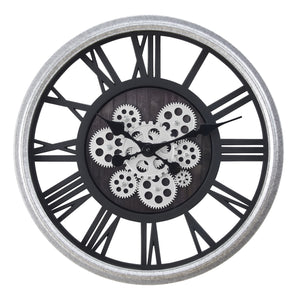 I 9058 - Horloge, 20" Rond, Mécanisme D'engrenage, Horloge Murale, Noir, Argent, Transitionnel - Simple Boutique