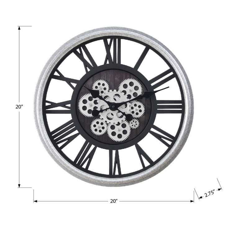 I 9058 - Horloge, 20" Rond, Mécanisme D'engrenage, Horloge Murale, Noir, Argent, Transitionnel - Simple Boutique