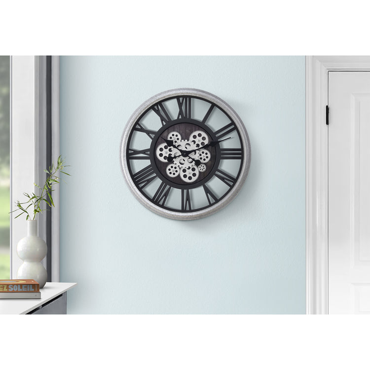I 9058 - Horloge, 20" Rond, Mécanisme D'engrenage, Horloge Murale, Noir, Argent, Transitionnel - Simple Boutique