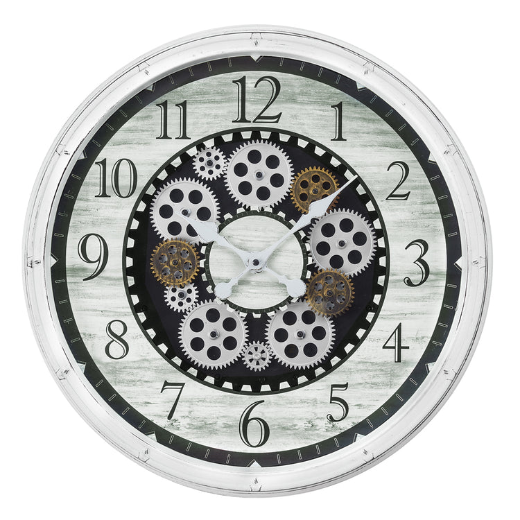 I 9059 - Horloge, 20" Rond, Mécanisme D'engrenage, Horloge Murale, Blanc Antique, Transitionnel - Simple Boutique