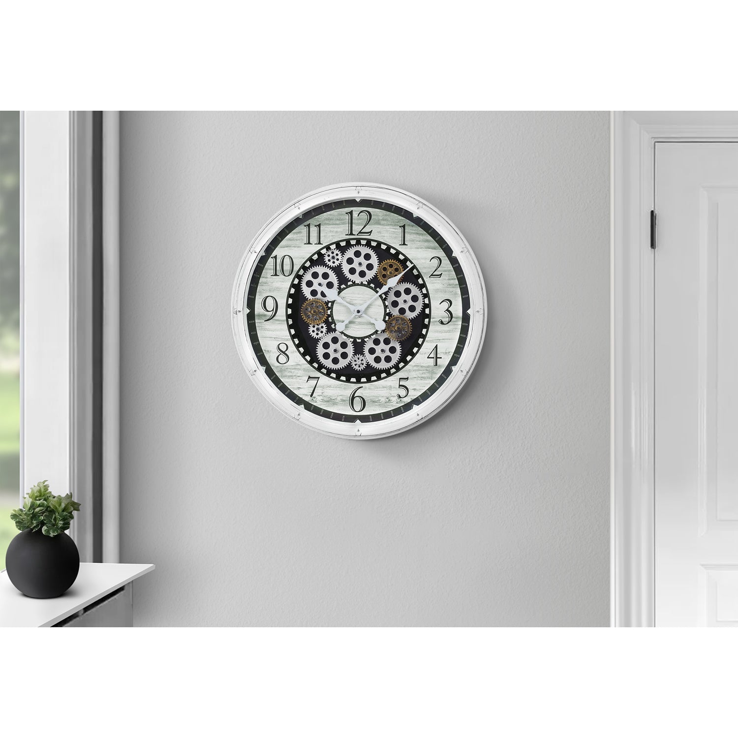 I 9059 - Horloge, 20" Rond, Mécanisme D'engrenage, Horloge Murale, Blanc Antique, Transitionnel - Simple Boutique