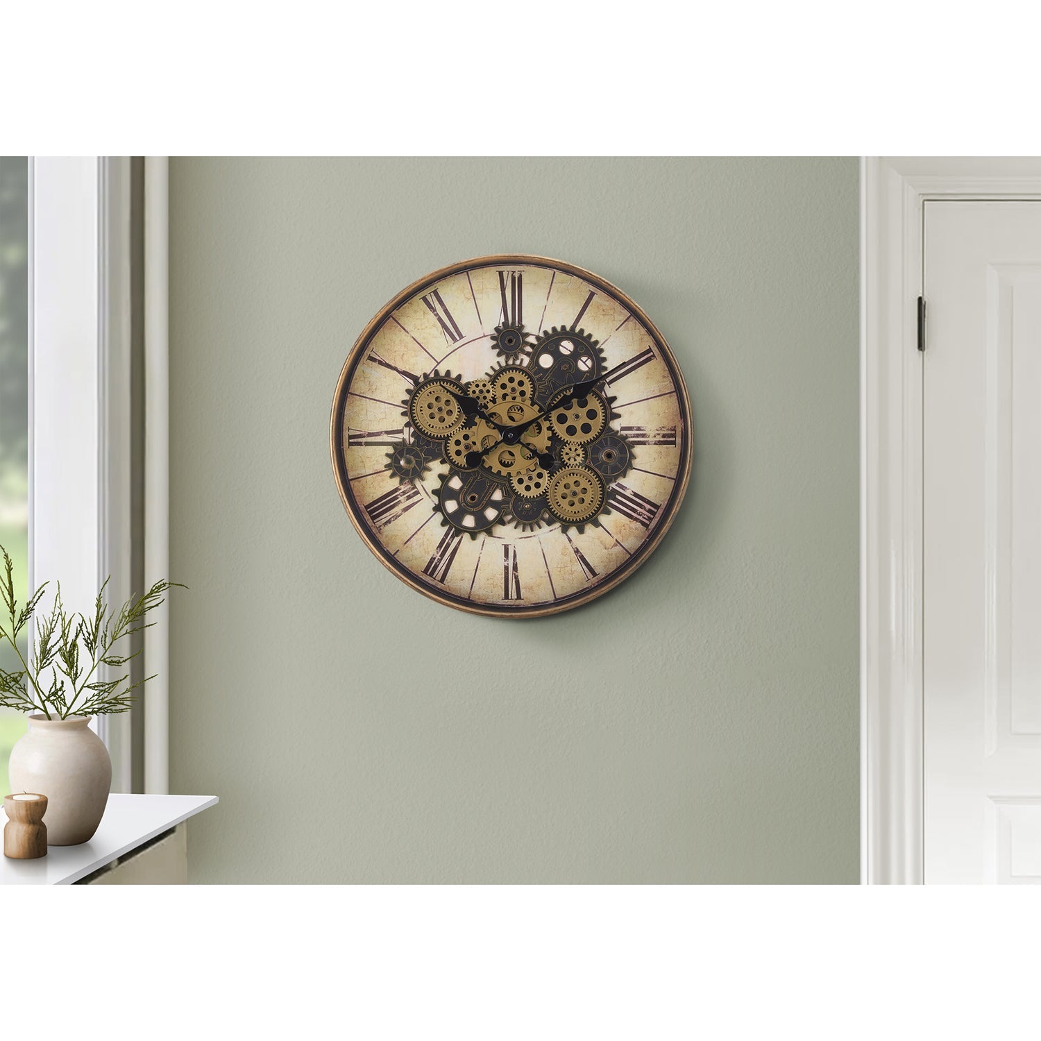 I 9063 - Horloge, 20" Rond, Mécanisme D'engrenage, Horloge Murale, Brun, Transitionnel - Simple Boutique