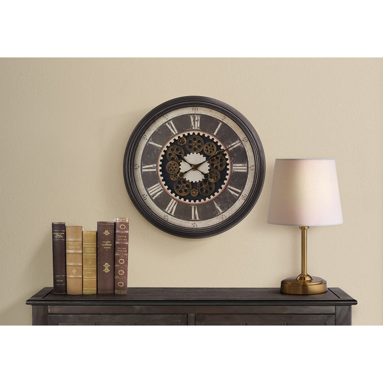 I 9070 - Horloge, 23" Rond, Mécanisme D'engrenage, Horloge Murale, Brun, Transitionnel - Simple Boutique