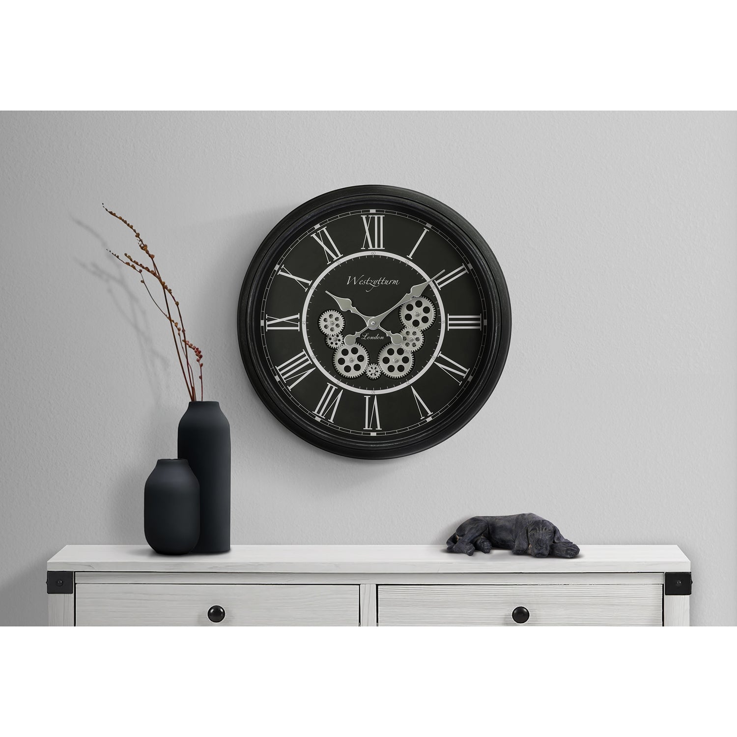 I 9072 - Horloge, 23" Rond, Mécanisme D'engrenage, Horloge Murale, Noir, Transitionnel - Simple Boutique