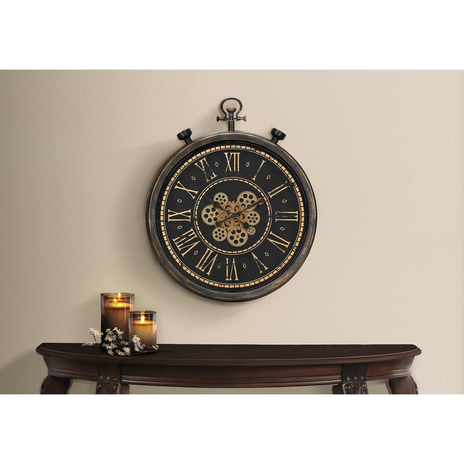 I 9073 - Horloge, 24" Rond, Mécanisme D'engrenage, Horloge Murale, Brun, Transitionnel - Simple Boutique