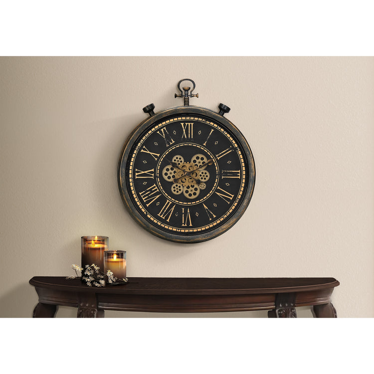 I 9073 - Horloge, 24" Rond, Mécanisme D'engrenage, Horloge Murale, Brun, Transitionnel - Simple Boutique