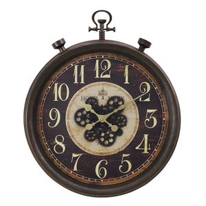 I 9074 - Horloge, 24" Rond, Mécanisme D'engrenage, Horloge Murale, Brun, Traditionnel - Simple Boutique