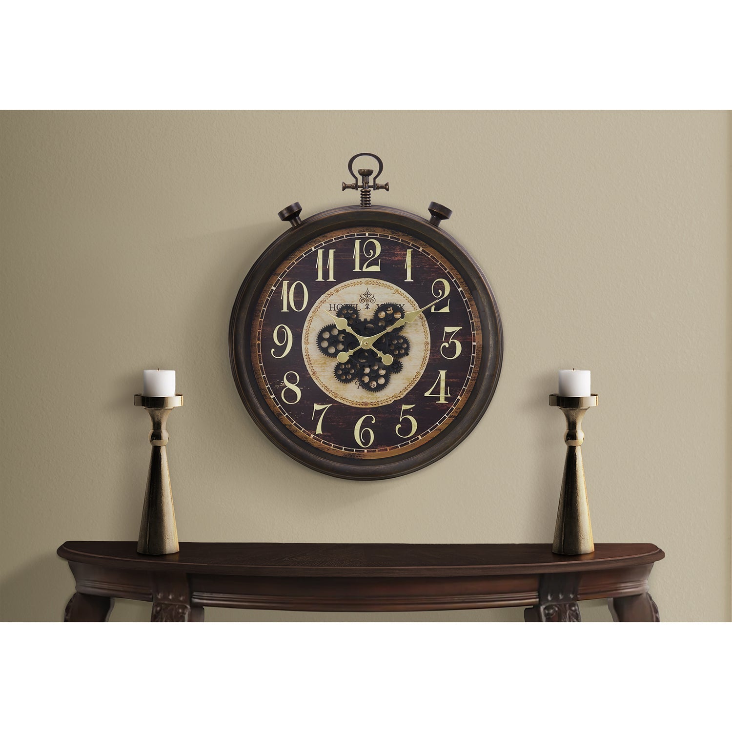 I 9074 - Horloge, 24" Rond, Mécanisme D'engrenage, Horloge Murale, Brun, Traditionnel - Simple Boutique