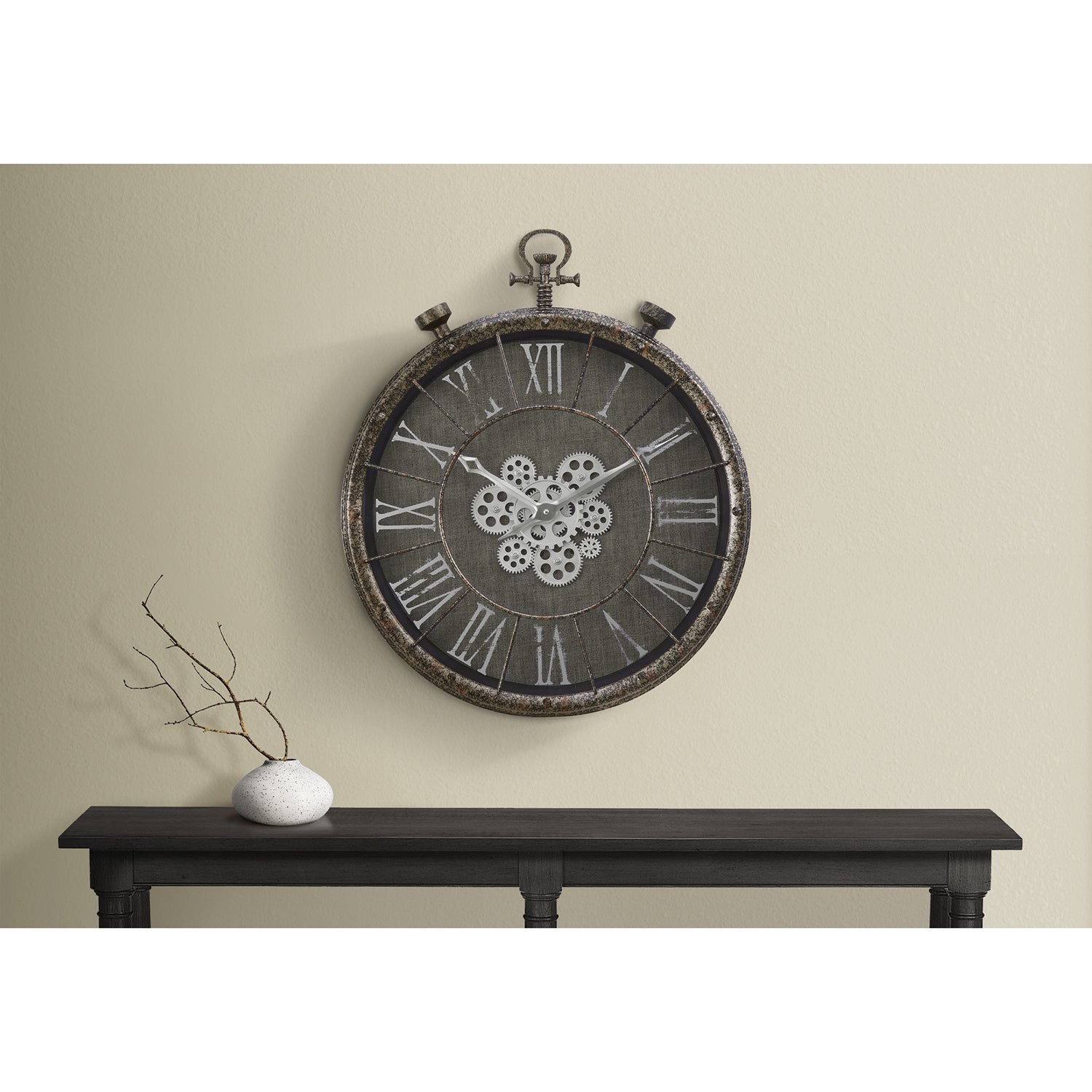 I 9075 - Horloge, 24" Rond, Mécanisme D'engrenage, Horloge Murale, Gris, Transitionnel - Simple Boutique