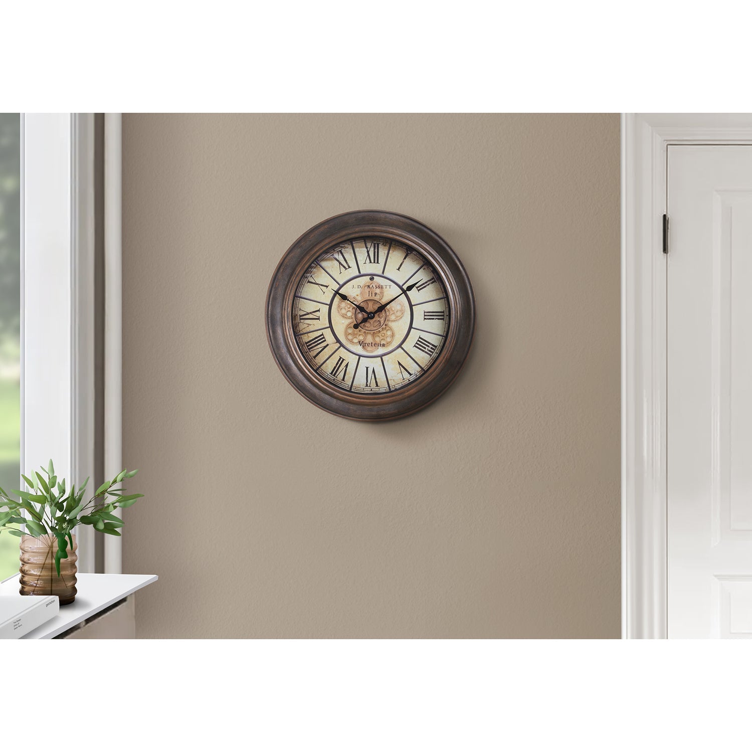 I 9081 - Horloge, 16" Rond, Horloge Murale, Brun Antique, Transitionnel - Simple Boutique