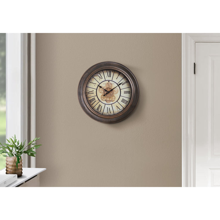 I 9081 - Horloge, 16" Rond, Horloge Murale, Brun Antique, Transitionnel - Simple Boutique