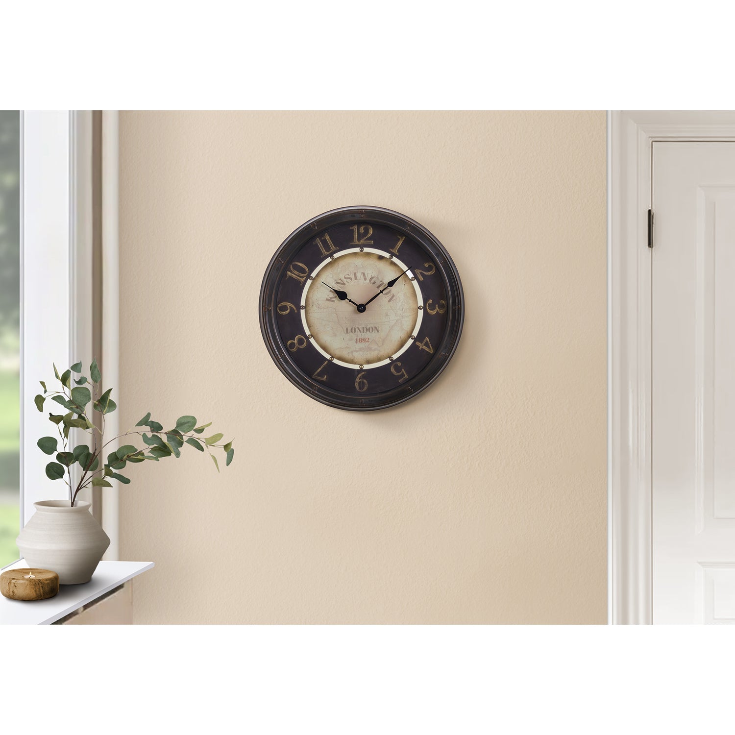 I 9082 - Horloge, 16" Rond, Horloge Murale, Brun Antique, Transitionnel - Simple Boutique