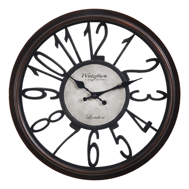 I 9084 - Horloge, 16" Rond, Horloge Murale, Brun Antique, Transitionnel - Simple Boutique