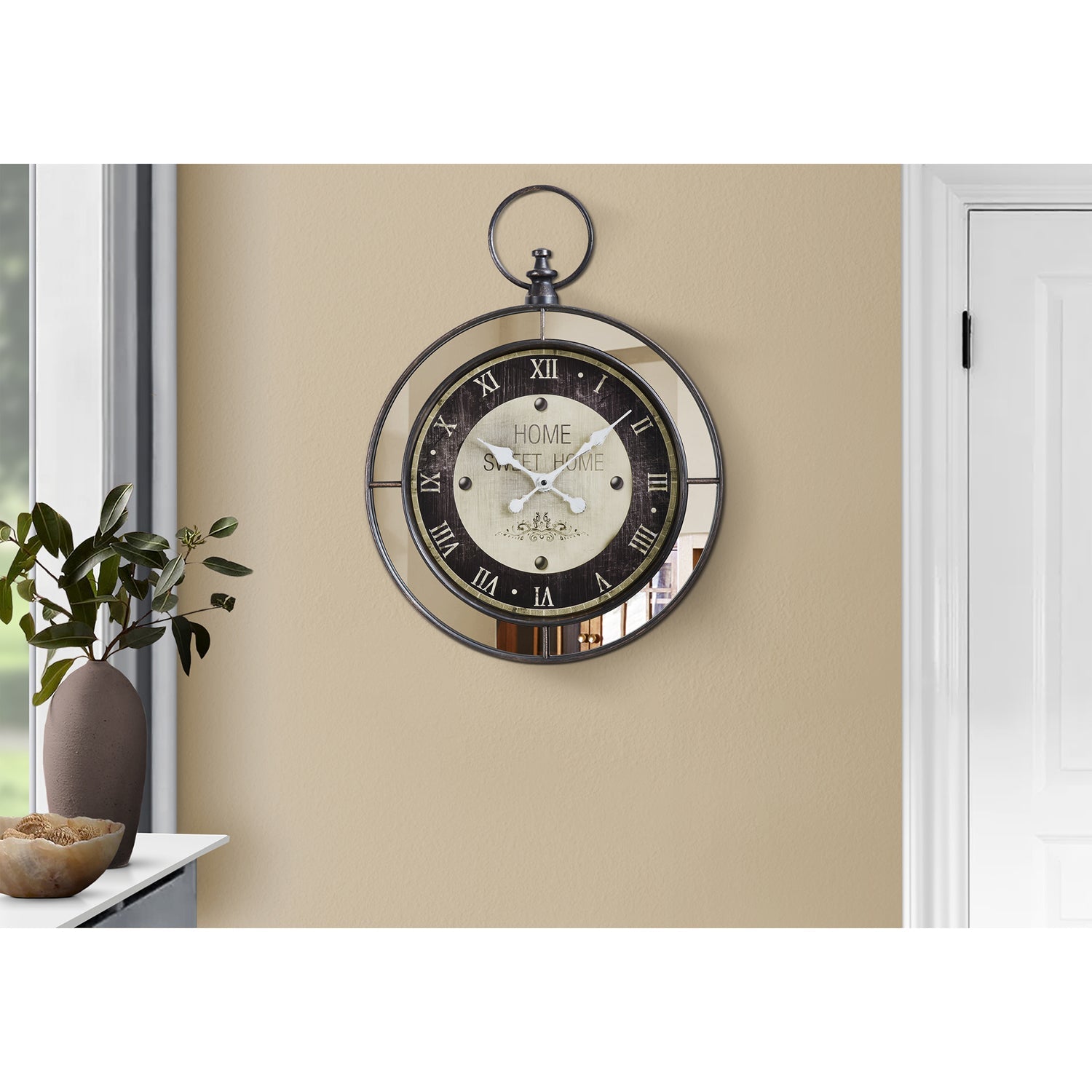 I 9091 - Horloge, 18" Rond, Horloge Murale, Brun, Miroir, Transitionnel - Simple Boutique