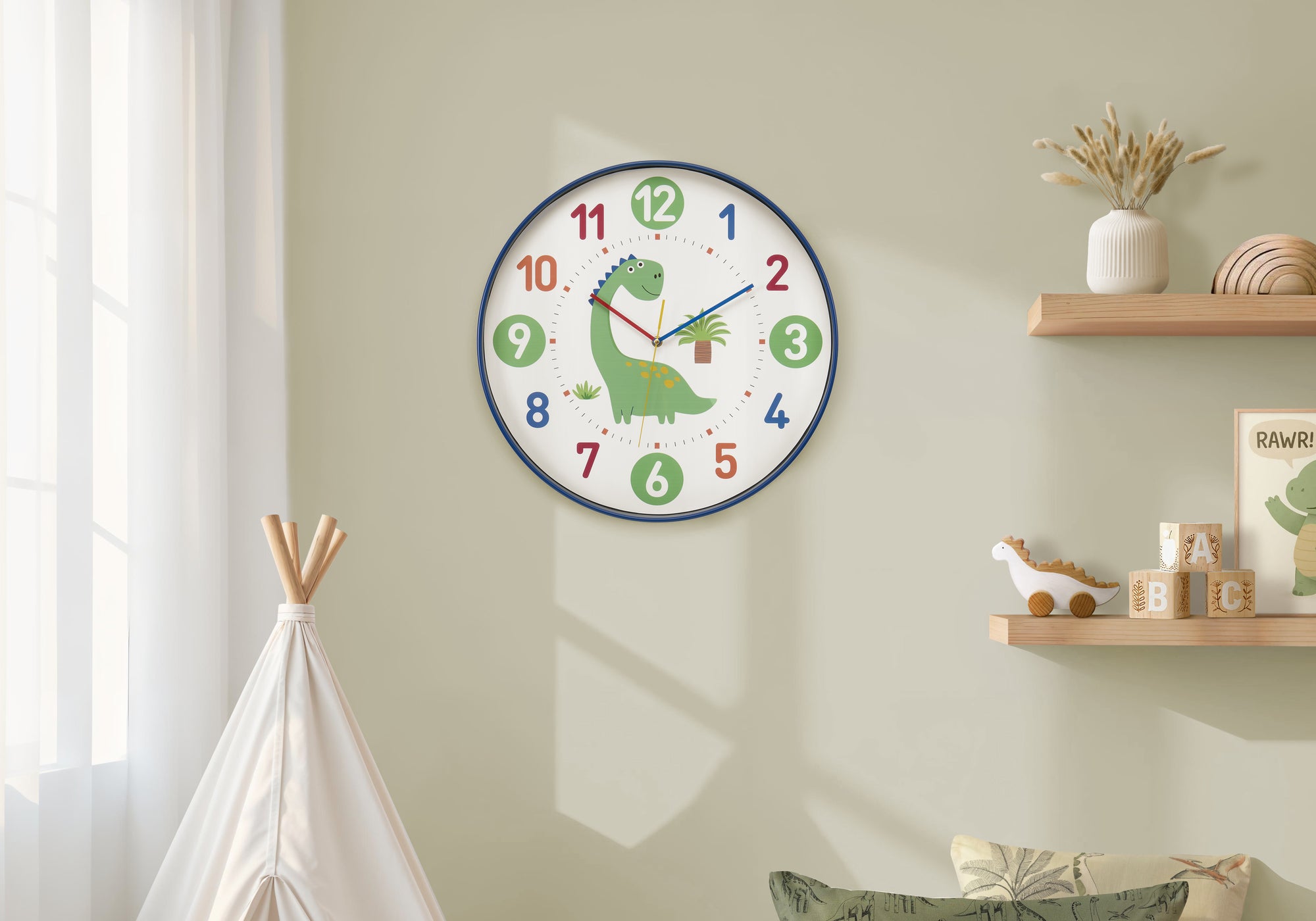 I 9100 - Horloge, 18'' Rond, Juvénile, Horloge Murale, Visage Multicolore, Cadre Bleu, Contemporain, Moderne