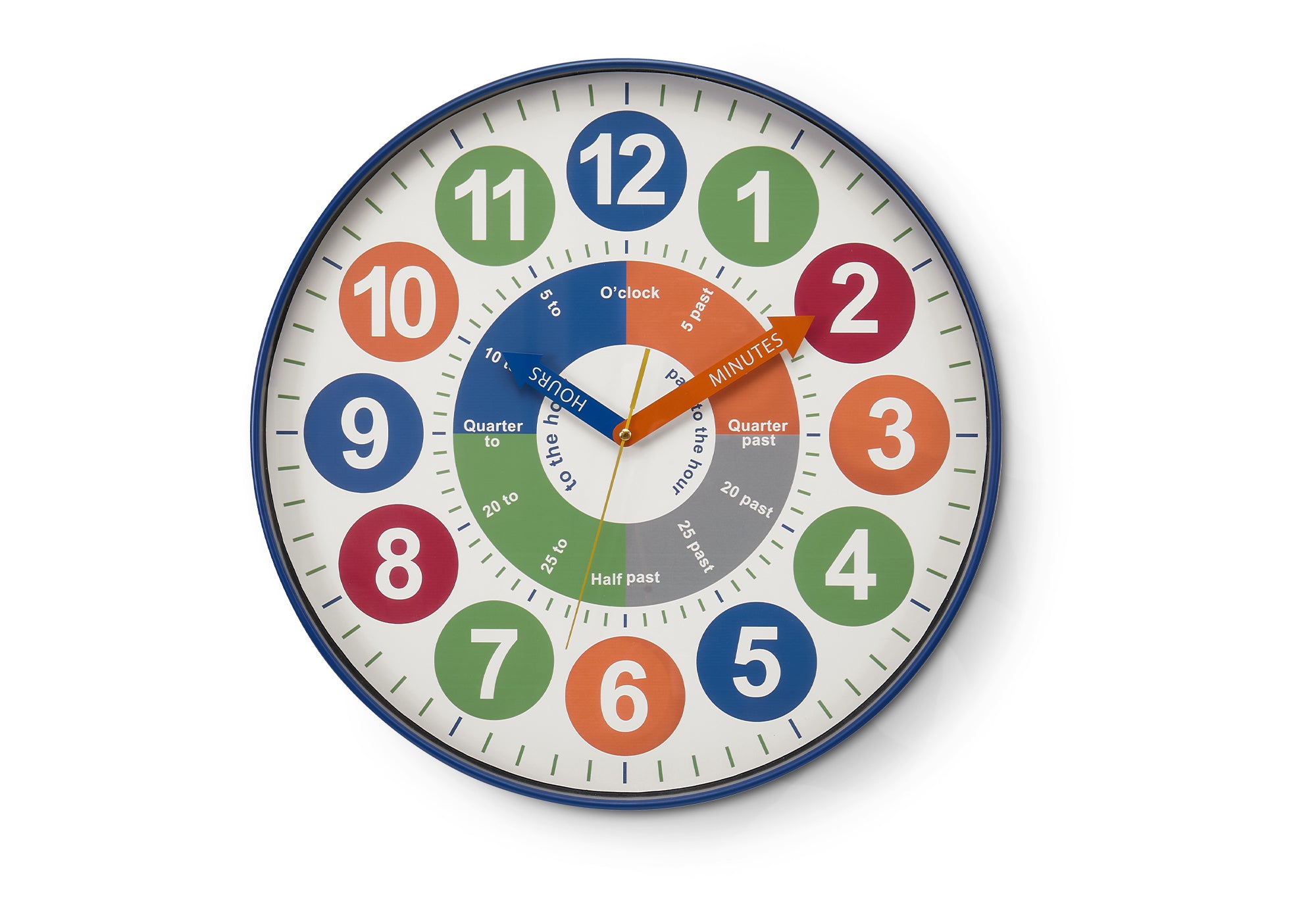 I 9101 - Horloge, 18'' Rond, Juvénile, Horloge Murale, Visage Multicolore, Cadre Bleu, Contemporain, Moderne