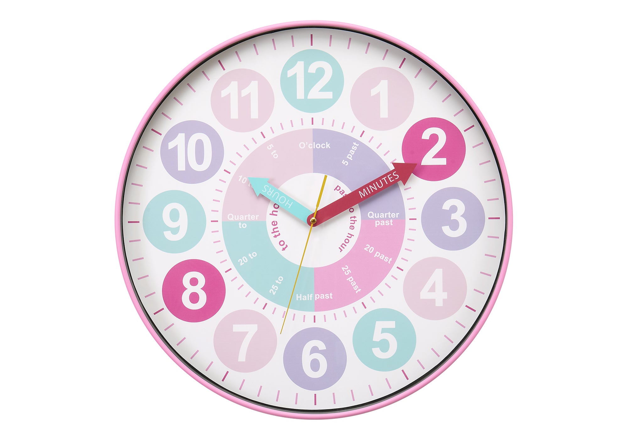 I 9102 - Horloge, 18'' Rond, Juvénile, Horloge Murale, Visage Multicolore, Cadre Rose, Contemporain, Moderne