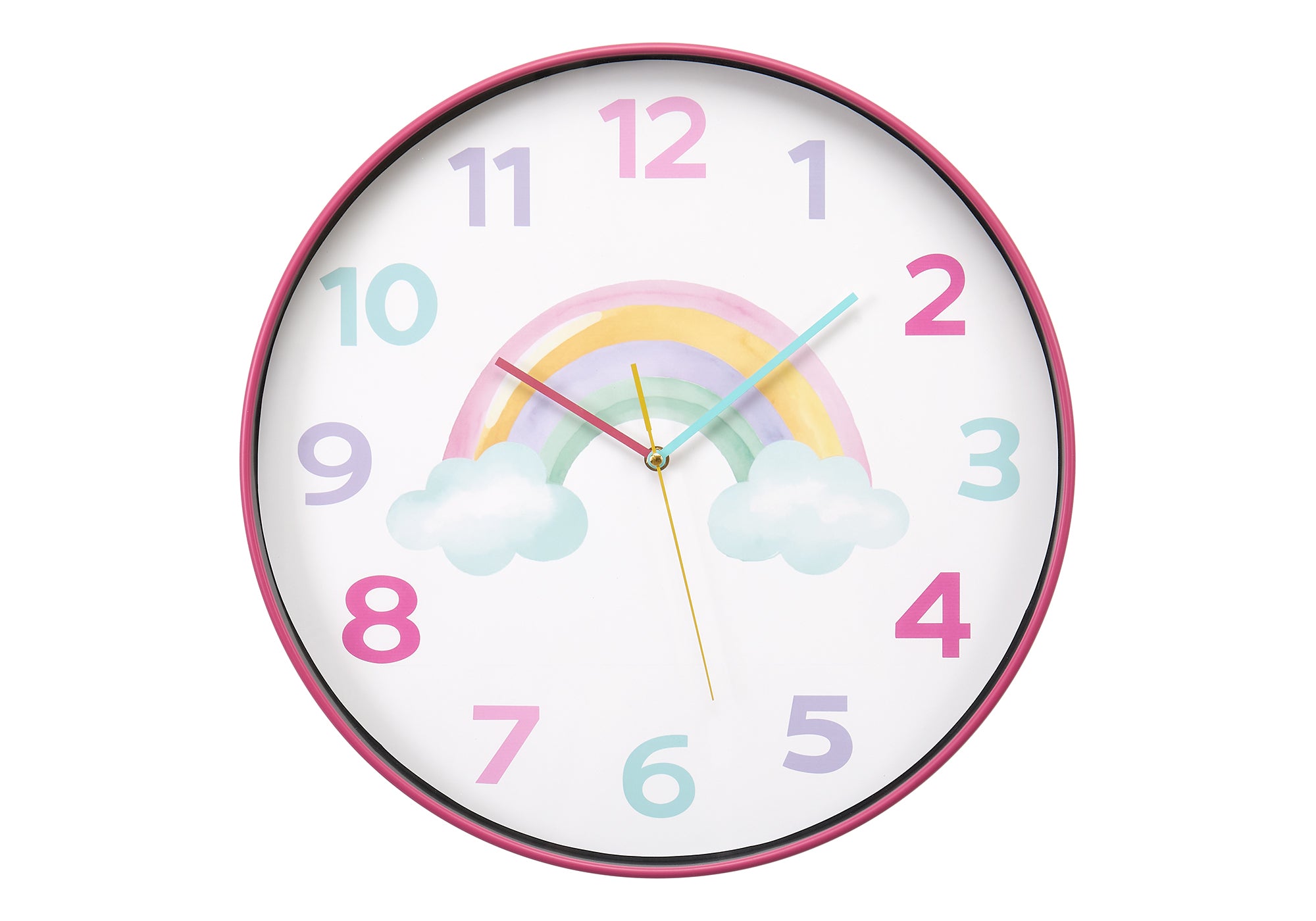 I 9103 - Horloge, 18'' Rond, Juvénile, Horloge Murale, Visage Multicolore, Cadre Rose, Contemporain, Moderne