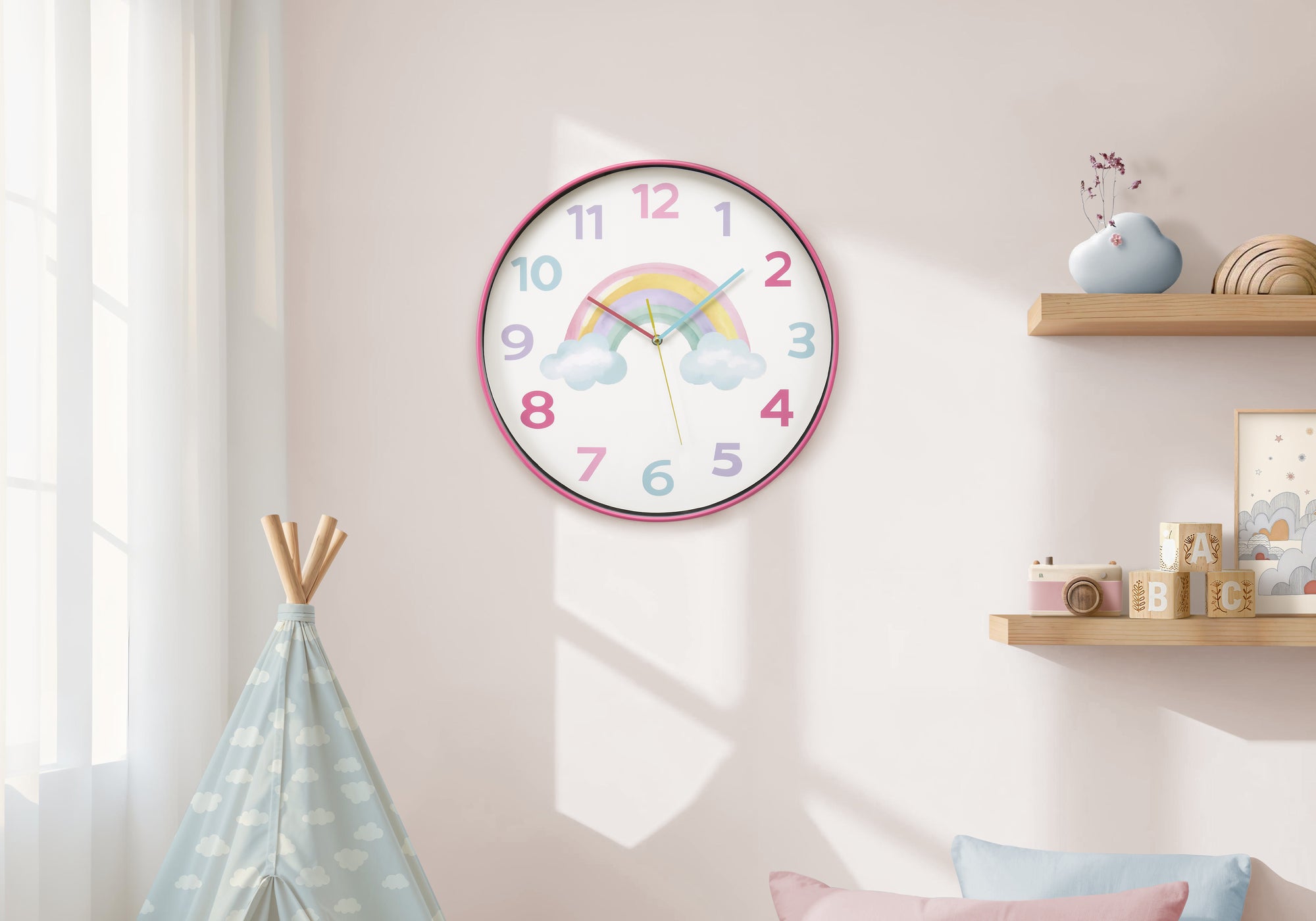 I 9103 - Horloge, 18'' Rond, Juvénile, Horloge Murale, Visage Multicolore, Cadre Rose, Contemporain, Moderne