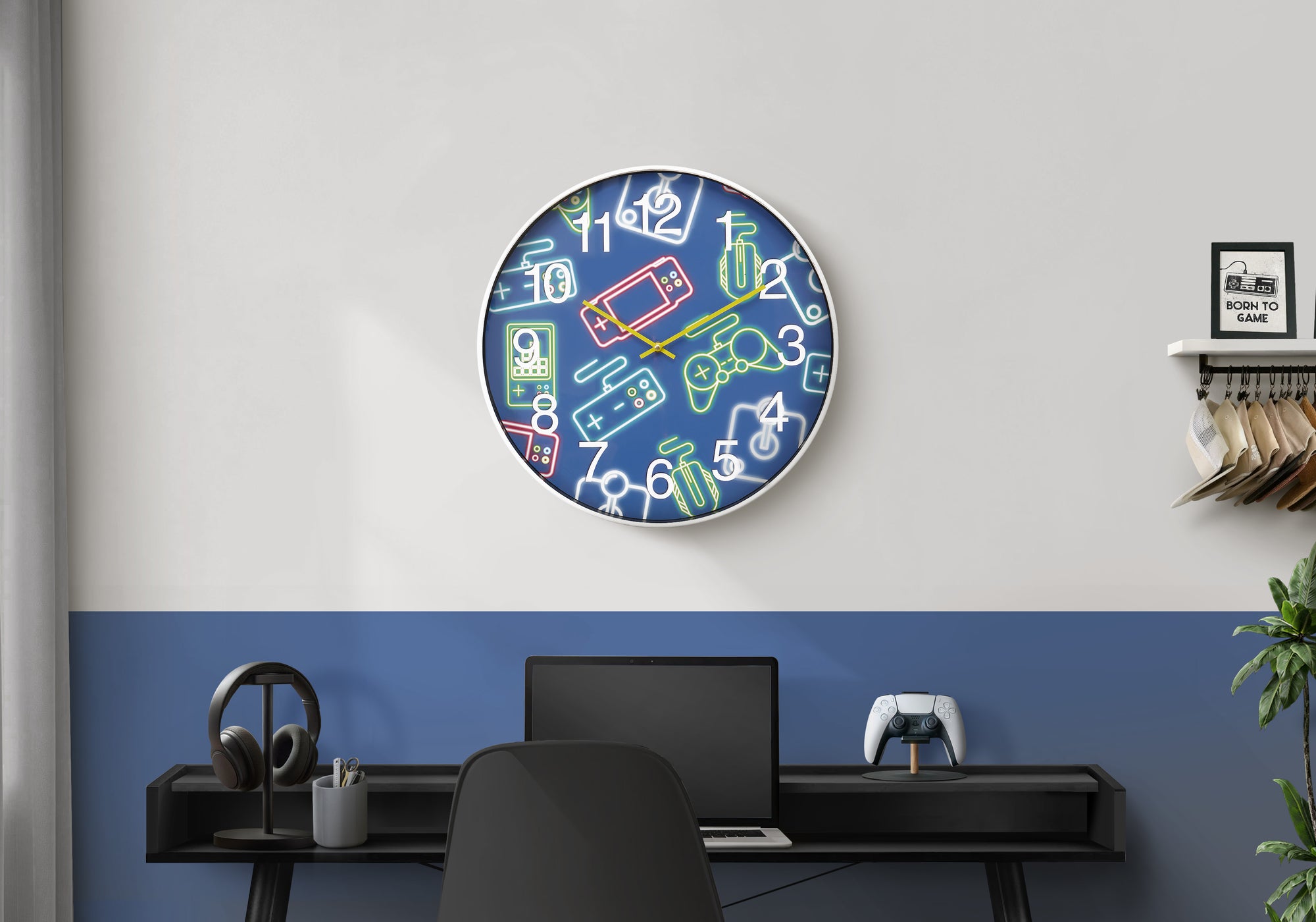 I 9104 - Horloge, 18'' Rond, Juvénile, Horloge Murale, Visage Multicolore, Cadre Blanc, Contemporain, Moderne