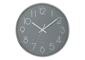 I 9107 - Horloge, 12'' Rond, Horloge Murale, Visage Gris, Cadre Argenté, Contemporain, Moderne - Simple Boutique