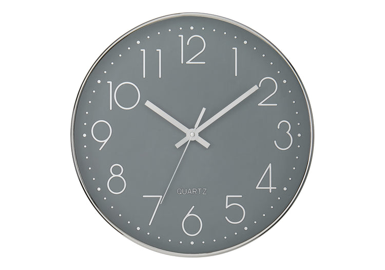 I 9107 - Horloge, 12'' Rond, Horloge Murale, Visage Gris, Cadre Argenté, Contemporain, Moderne - Simple Boutique