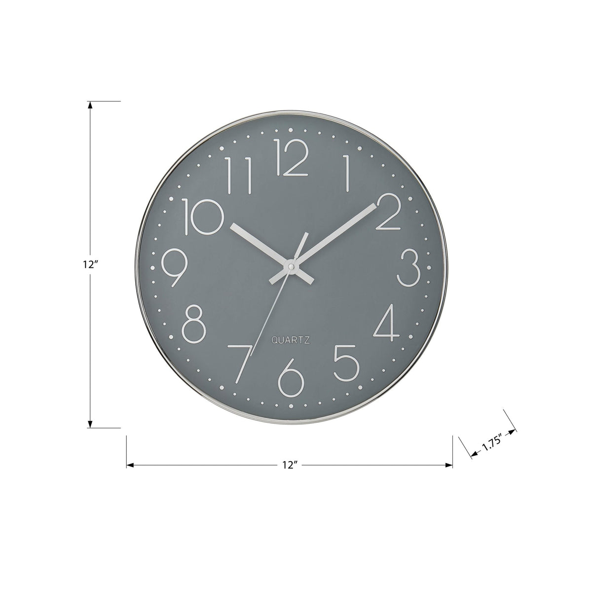 Monarch Specialties I 9107 - Horloge, 12'' Rond, Horloge Murale, Visage Gris, Cadre Argenté, Contemporain, Moderne - Simple Boutique