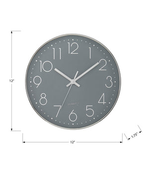 I 9107 - Horloge, 12'' Rond, Horloge Murale, Visage Gris, Cadre Argenté, Contemporain, Moderne - Simple Boutique
