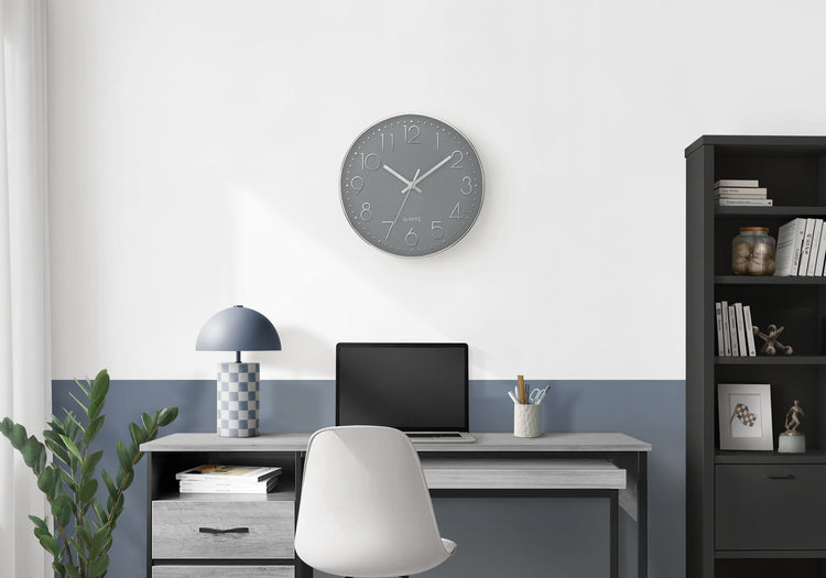 I 9107 - Horloge, 12'' Rond, Horloge Murale, Visage Gris, Cadre Argenté, Contemporain, Moderne - Simple Boutique