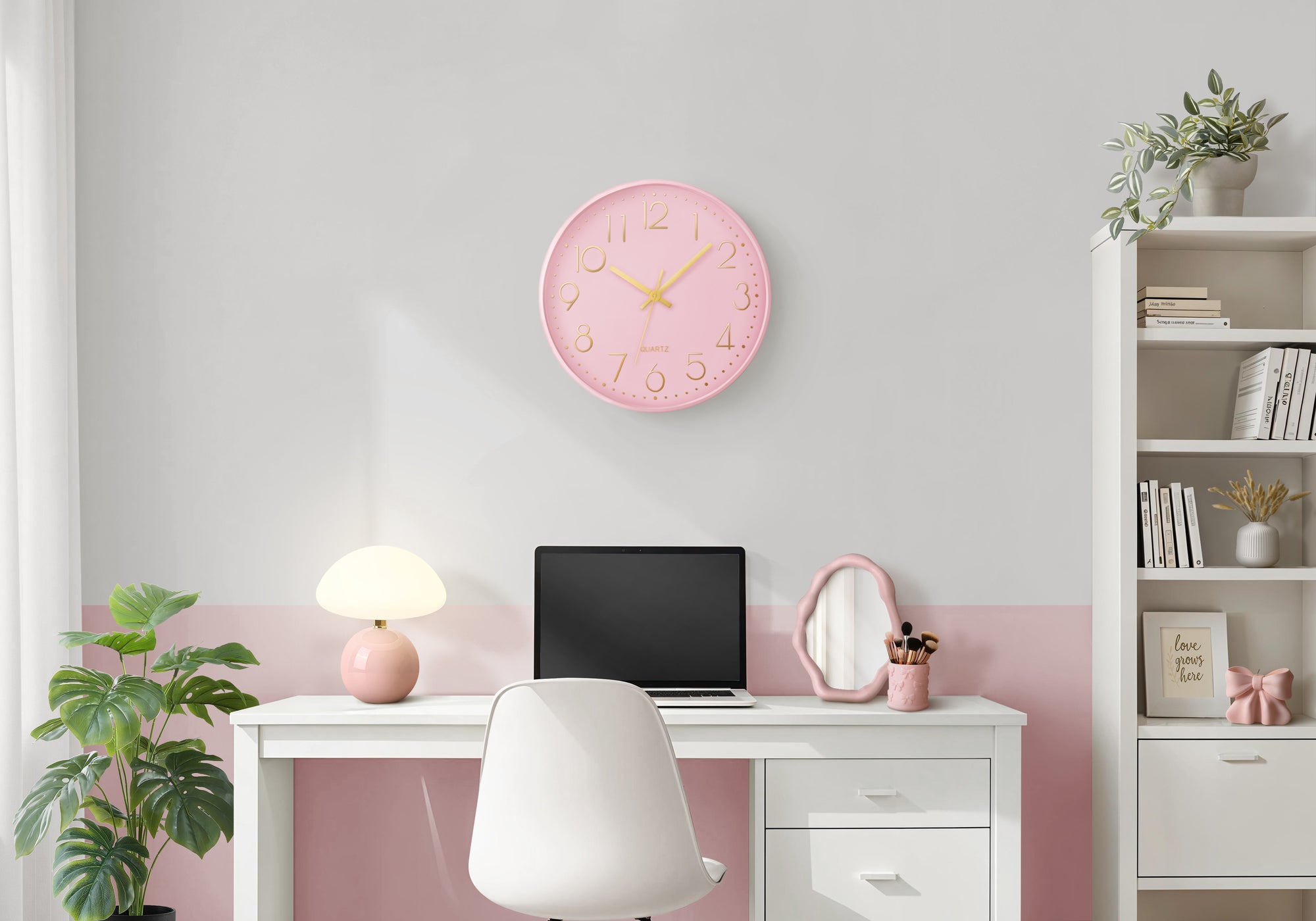 I 9108 - Horloge, 12'' Rond, Horloge Murale, Visage Rose, Cadre Rose, Contemporain, Moderne - Simple Boutique