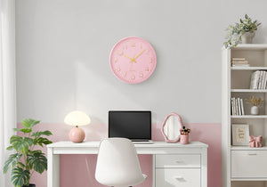 I 9108 - Horloge, 12'' Rond, Horloge Murale, Visage Rose, Cadre Rose, Contemporain, Moderne - Simple Boutique