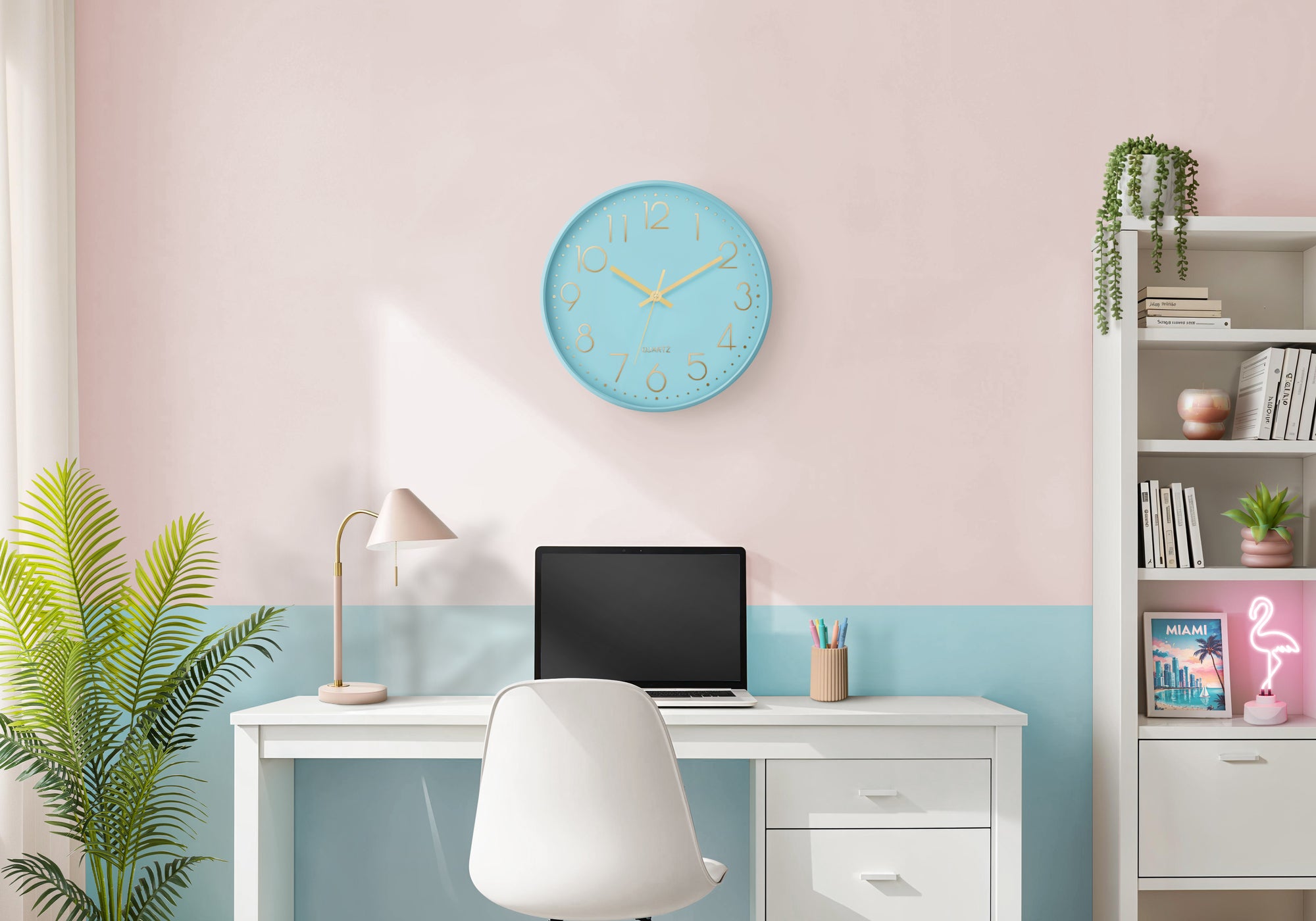 I 9109 - Horloge, 12'' Rond, Horloge Murale, Visage Bleu, Cadre Bleu, Contemporain, Moderne - Simple Boutique