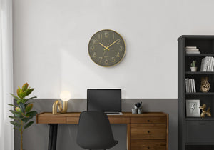 I 9110 - Horloge, 12'' Rond, Horloge Murale, Visage Bronze Foncé, Cadre Doré, Contemporain, Moderne - Simple Boutique