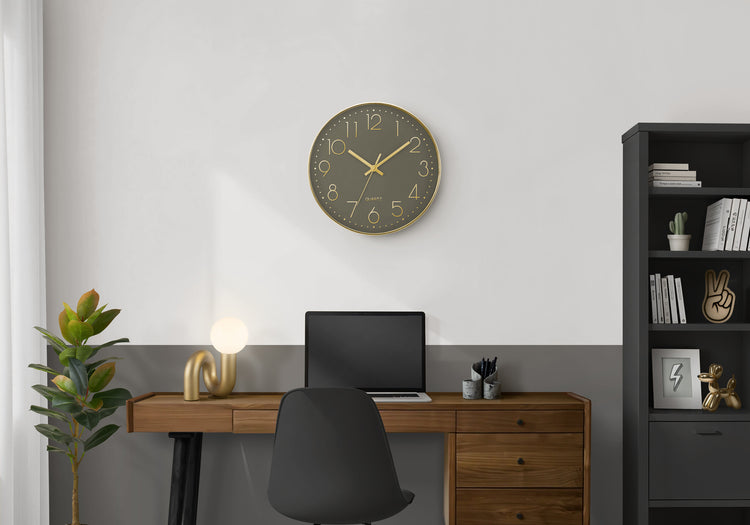 I 9110 - Horloge, 12'' Rond, Horloge Murale, Visage Bronze Foncé, Cadre Doré, Contemporain, Moderne - Simple Boutique