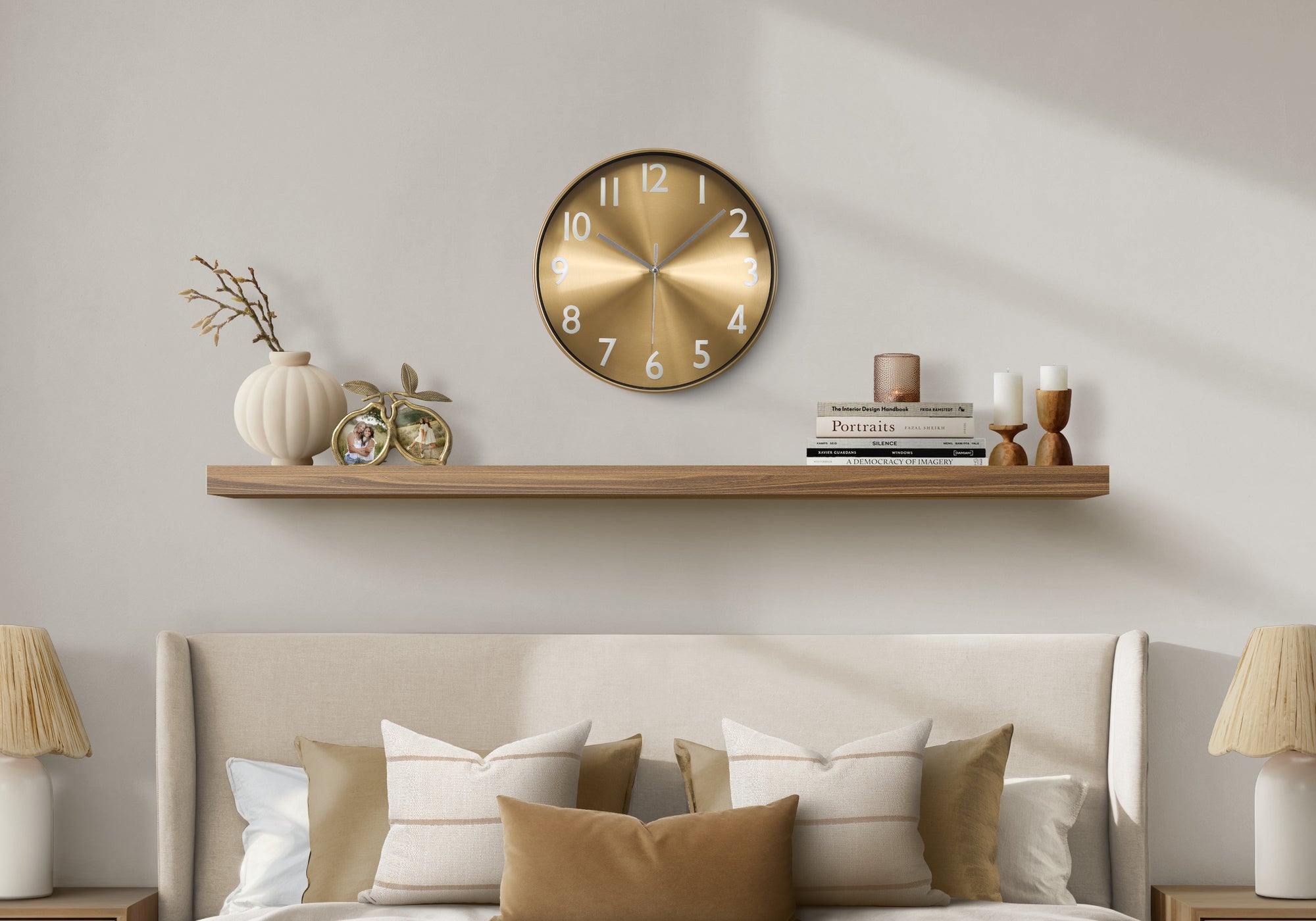 I 9112 - Horloge, 12'' Rond, Horloge Murale, Visage D'or, Cadre Doré, Contemporain, Moderne - Simple Boutique
