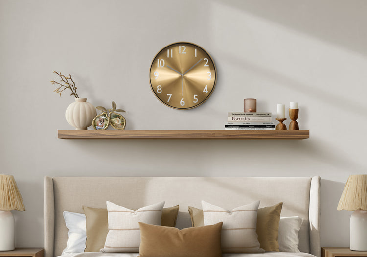 I 9112 - Horloge, 12'' Rond, Horloge Murale, Visage D'or, Cadre Doré, Contemporain, Moderne - Simple Boutique