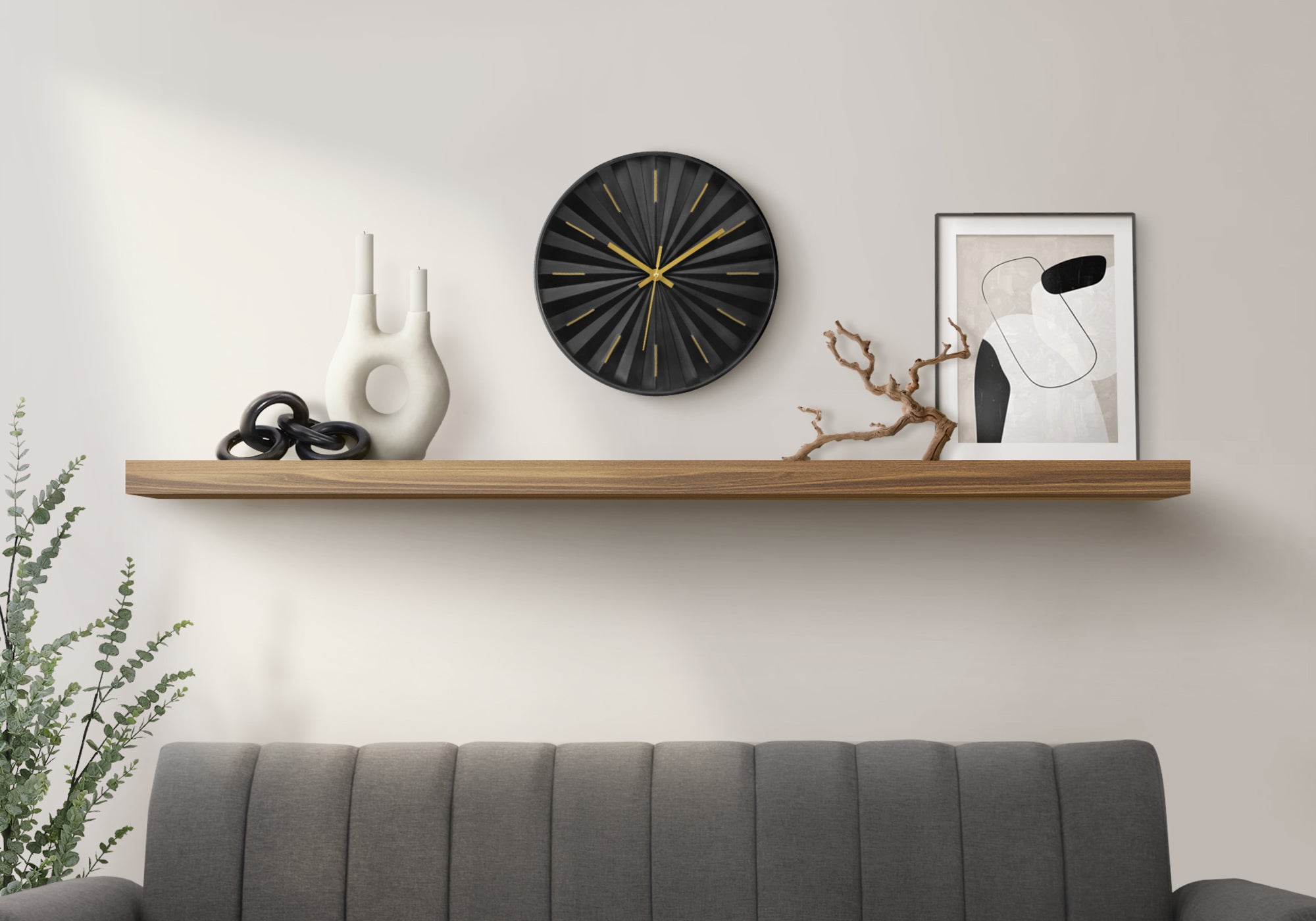 I 9113 - Horloge, 12'' Rond, Horloge Murale, Face Noire, Cadre Noir, Contemporain, Moderne - Simple Boutique