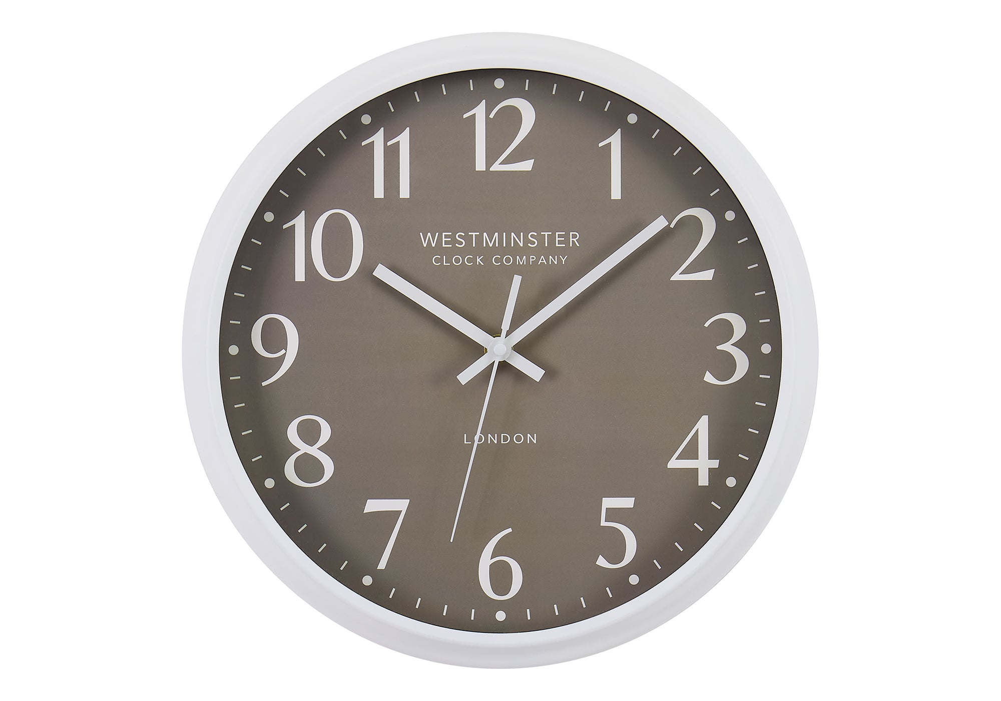 I 9115 - Horloge, 12'' Rond, Horloge Murale, Visage Bronze Foncé, Cadre Blanc, Moderne, Contemporain - Simple Boutique