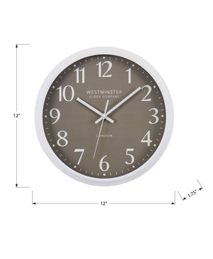 I 9115 - Horloge, 12'' Rond, Horloge Murale, Visage Bronze Foncé, Cadre Blanc, Moderne, Contemporain - Simple Boutique