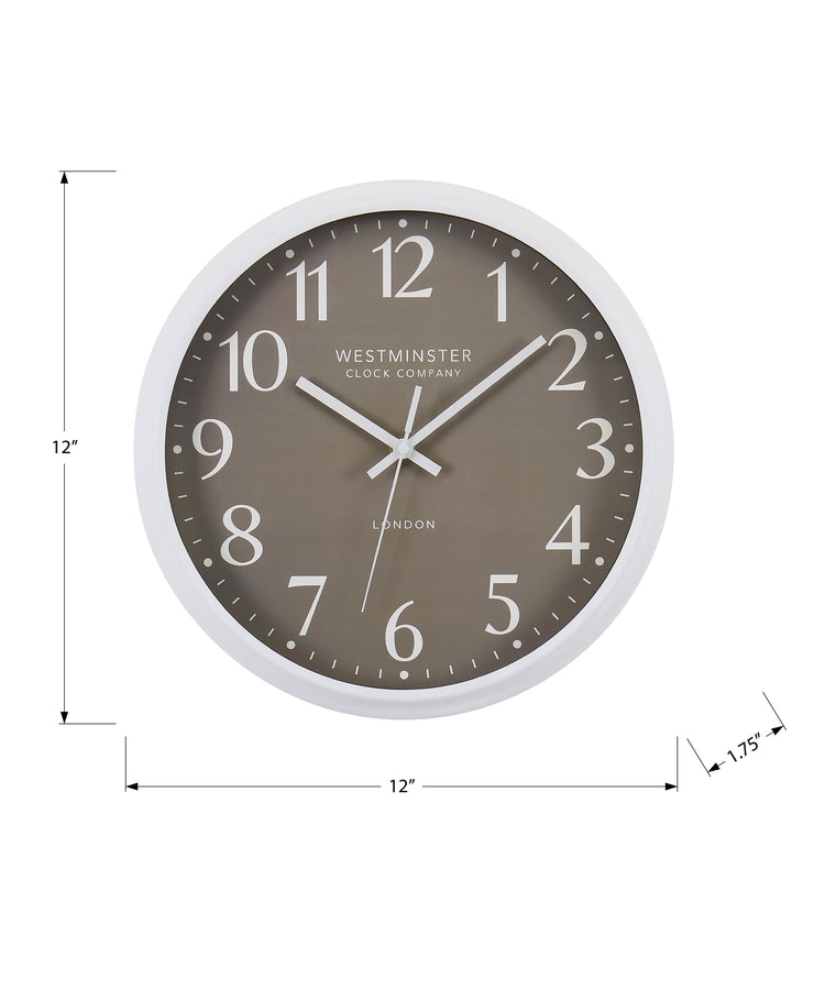 I 9115 - Horloge, 12'' Rond, Horloge Murale, Visage Bronze Foncé, Cadre Blanc, Moderne, Contemporain - Simple Boutique
