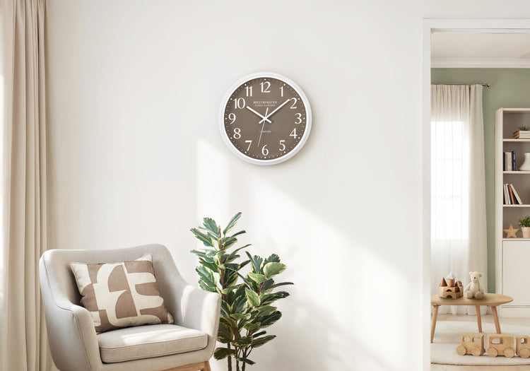 I 9115 - Horloge, 12'' Rond, Horloge Murale, Visage Bronze Foncé, Cadre Blanc, Moderne, Contemporain - Simple Boutique