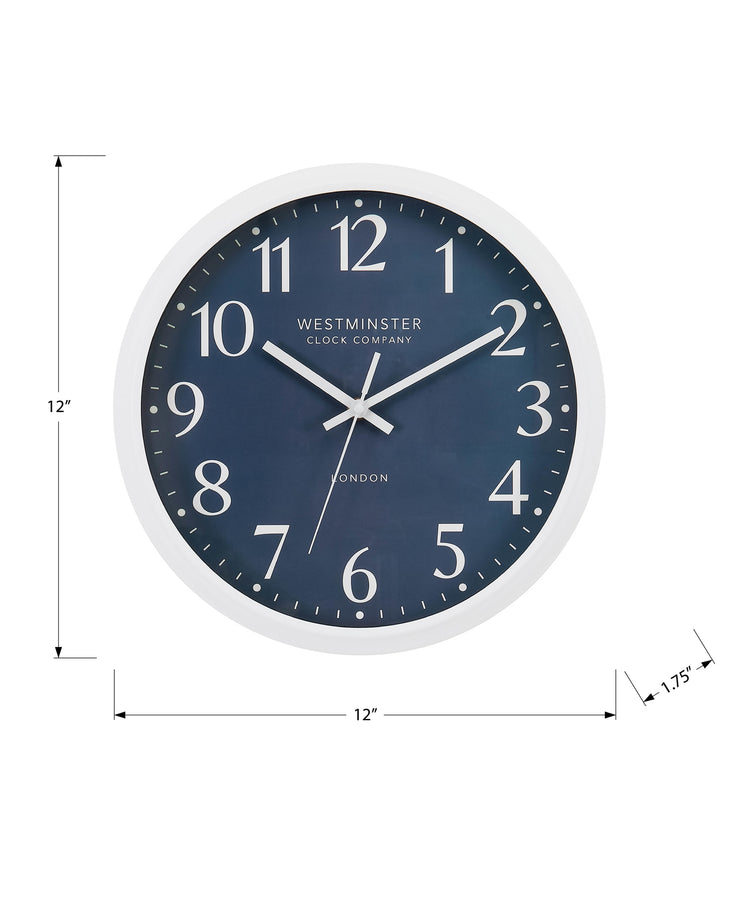 I 9116 - Horloge, 12'' Rond, Horloge Murale, Visage Bleu, Cadre Blanc, Moderne, Contemporain - Simple Boutique