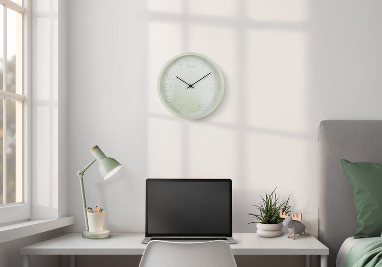 I 9117 - Horloge, 12'' Rond, Juvénile, Horloge Murale, Visage Vert Clair, Cadre Vert, Contemporain, Moderne - Simple Boutique