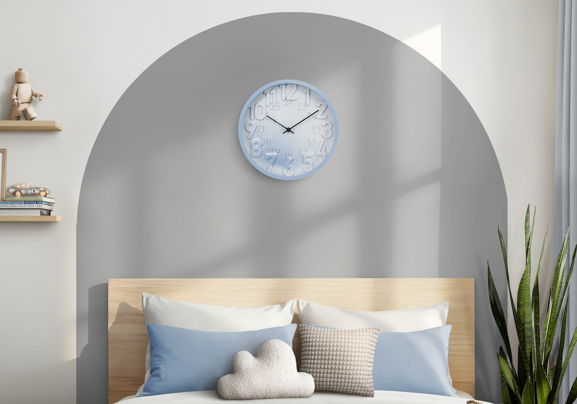 I 9119 - Horloge, 12'' Rond, Horloge Murale, Juvénile, Visage Bleu, Cadre Bleu, Contemporain, Moderne - Simple Boutique