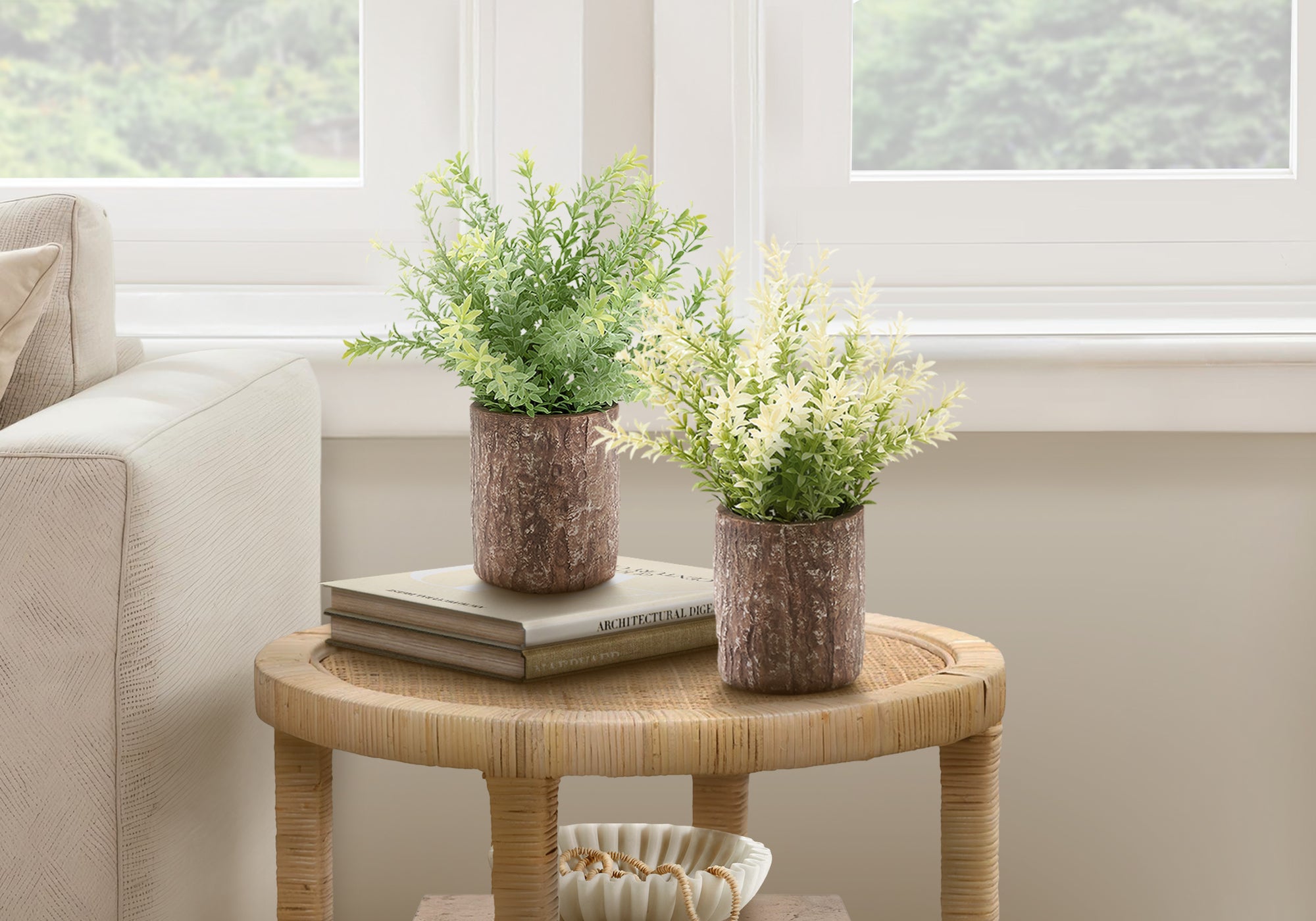 I 9360 - Plante Artificielle, Ensemble De 2, 12'' De Haut, Herbe De Mûrier, Table, Pots En Ciment Brun, Contemporain, Moderne - Simple Boutique