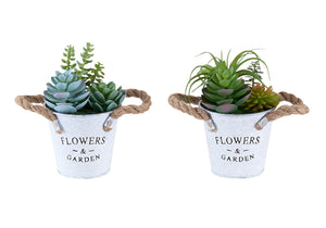 I 9361 - Plante Artificielle, Ensemble De 2, 7'' De Haut, Succulent, Table, Pots En Métal Blanc, Contemporain, Moderne - Simple Boutique
