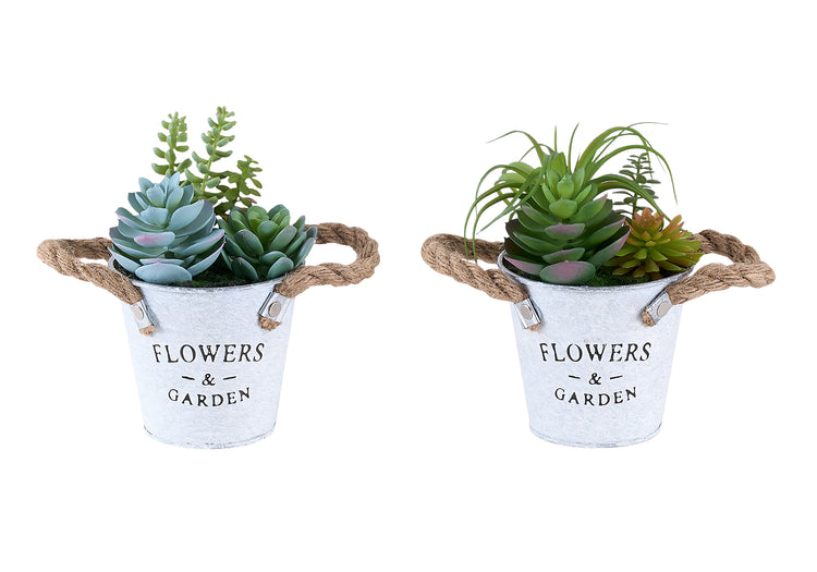 I 9361 - Plante Artificielle, Ensemble De 2, 7'' De Haut, Succulent, Table, Pots En Métal Blanc, Contemporain, Moderne - Simple Boutique