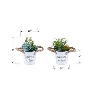 I 9361 - Plante Artificielle, Ensemble De 2, 7'' De Haut, Succulent, Table, Pots En Métal Blanc, Contemporain, Moderne - Simple Boutique