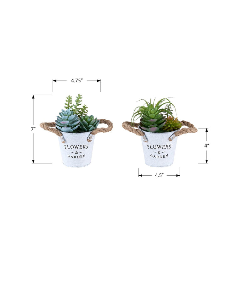 I 9361 - Plante Artificielle, Ensemble De 2, 7'' De Haut, Succulent, Table, Pots En Métal Blanc, Contemporain, Moderne - Simple Boutique