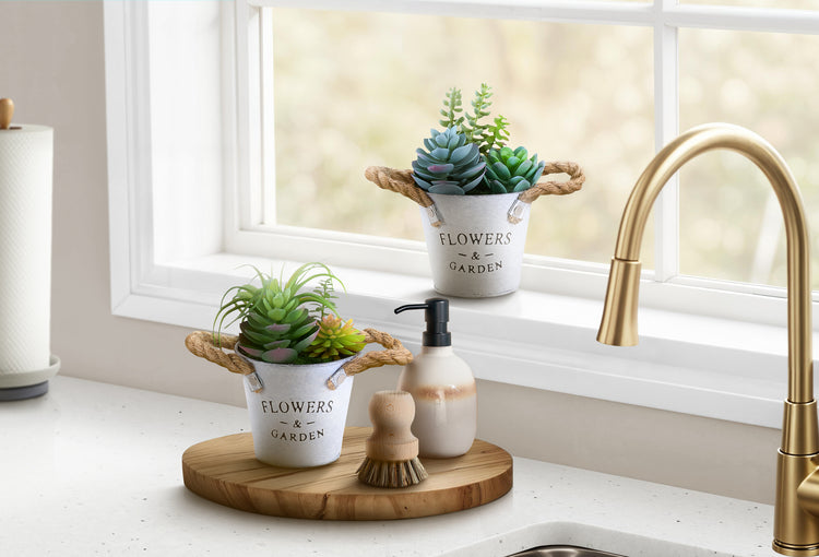 I 9361 - Plante Artificielle, Ensemble De 2, 7'' De Haut, Succulent, Table, Pots En Métal Blanc, Contemporain, Moderne - Simple Boutique